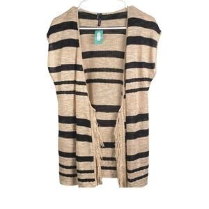 Maurices Cardigan Womens Size M Open Front Brown Striped Knit Fringe Cap Sleeve